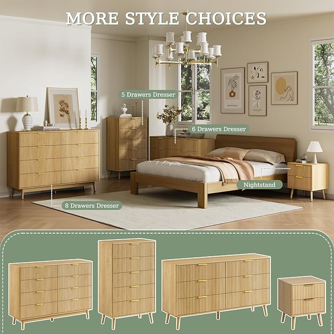 LYNSOM 55" Wide Fluted Dresser for Bedroom with 6 Drawer, Modern Chest of Drawers with Curved Profile Design and Metal Handles, Wood Dresser TV Stand & Storage Organizer for Living Room, Oak