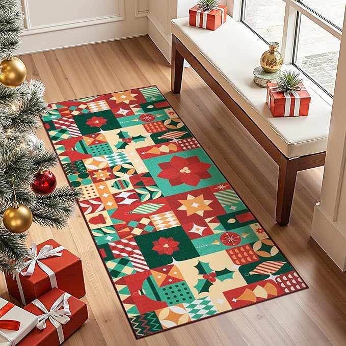 jinchan Christmas Runner Rug 2x5 for Entryway Washable Christmas Kitchen Rug Xmas Geometric Floor Mat for Hallway Non-Slip Soft Carpet Festive Red-Green Holiday Patch Decor for Bathroom Porch Bedside