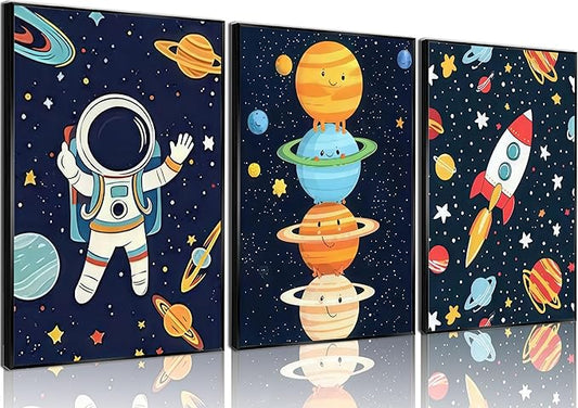 3Pcs Space Nursery Wall Art Whimsical Outer Space Astronauts Kid Decor Pictures Rocket Planet Posters Prints for Boys Room Girls Room Kids Room Decoration Unframed
