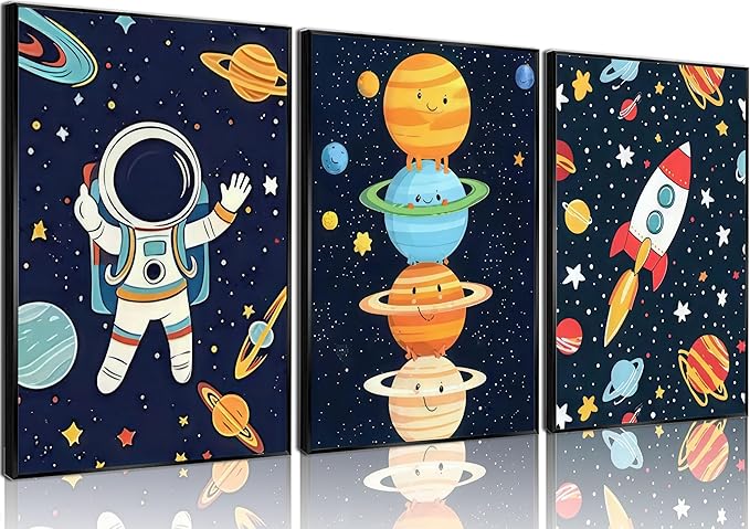 3Pcs Space Nursery Wall Art Whimsical Outer Space Astronauts Kid Decor Pictures Rocket Planet Posters Prints for Boys Room Girls Room Kids Room Decoration Unframed