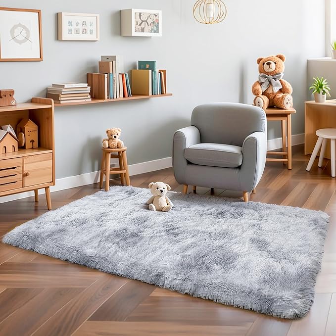 Thick Area Rug Light Grey Fluffy 4x6 for Bedroom, Soft Shag Comfy Washable Rug for Living Room Dorm Kids Baby Nursery, Plush Shaggy Non-Slip Fuzzy Carpet, Tie Dye Gray