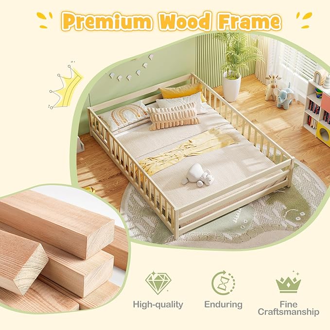 KOMFOTT Full Size Wood Floor Bed with Door & Fence, Montessori Bed Frame with Full Length Safety Guardrails, Door & Latch, Wooden Montessori Floor Bed for Kids, Girls, Boys (Full,Natural)