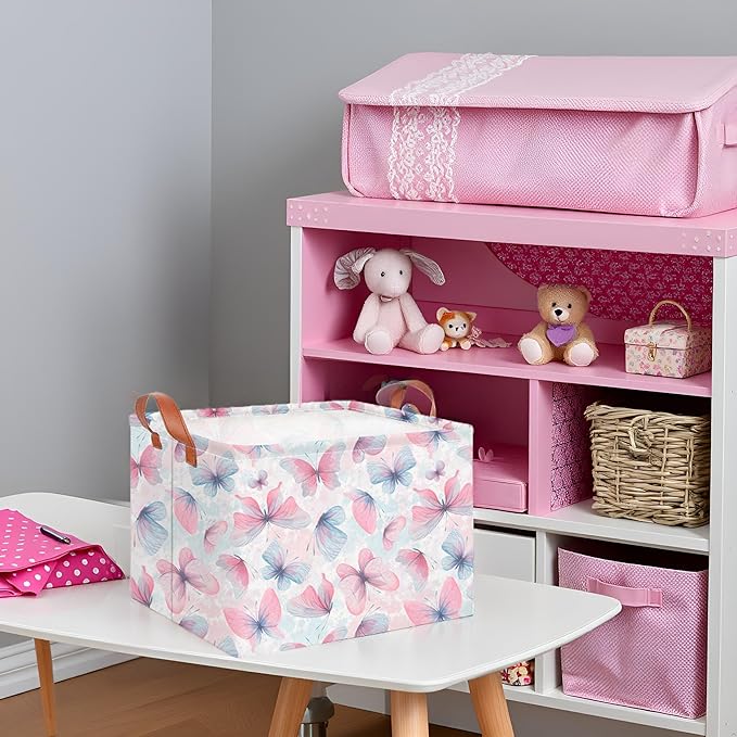 CLOCOR Rectangular Butterfly Print Gift Basket Empty,Waterproof Storage Basket with Handles, Books Box,Room Decor(Pink & Purple Butterfly)