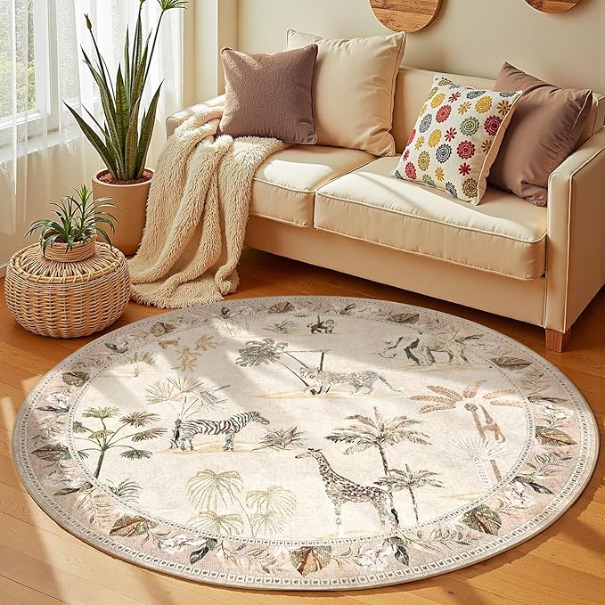jinchan Round Rug 5ft Beige Jungle Animals Print, Machine Washable 5' Circle Modern Soft Non-Slip Forest Plant Throw Area Rug, Ultra-Thin Low Pile Carpet for Entryway Bedroom Kitchen Kids Room