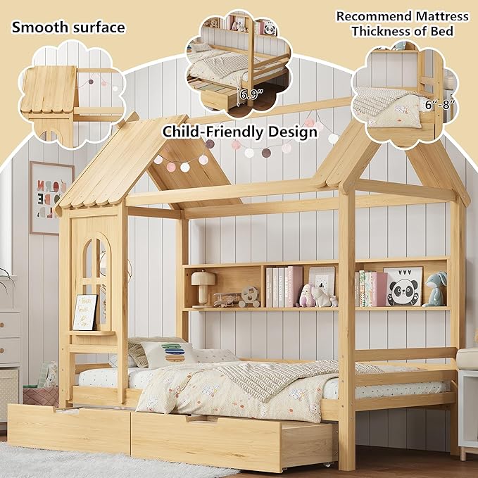 Twin House Bed with Drawers and Window, Solid Wood House Platform Bed with Shelves, Twin Bed Frame with House-shaped Roof for Kids, Boys, Girls, No Box Spring Needed and Childlike Design, Natural