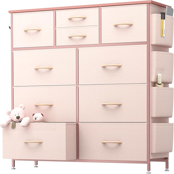 10 Drawer Dresser, Chest of Drawers for Bedroom, Fabric Dresser Drawers with Side Pockets, Hooks, Wooden Top and Sturdy Metal Frame for Living Room, Closet, Hallway (Pink)