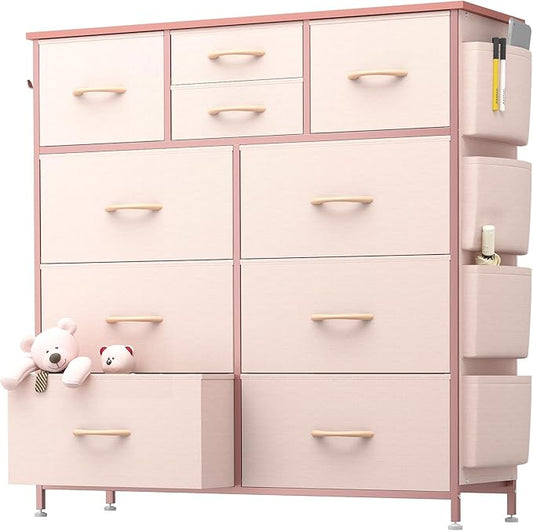 10 Drawer Dresser, Chest of Drawers for Bedroom, Fabric Dresser Drawers with Side Pockets, Hooks, Wooden Top and Sturdy Metal Frame for Living Room, Closet, Hallway (Pink)