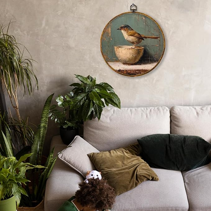 Hiuwevt Vintage Bird Round Wall Art Decor, Antique Framed Bird on Bowl Canvas Prints, Rustic Farmhouse Round Wall Hanging Decor for Home Bedroom Living Room Decorations, 10x10 Inches
