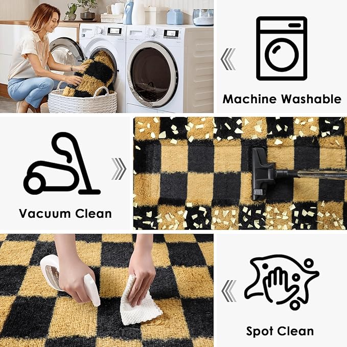 KICMOR Area Rugs for Bedroom Living Room, 4x6 Black and Gold Fluffy Soft Checkered Rug Fuzzy Shag Shaggy Carpet, Indoor Plush Floor Rugs for Kids Boys Girls Teen Dorm Nursery Home Decor Aesthetic