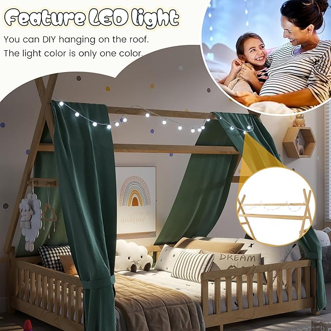 Montessori Bed Full Size with Light and Slats, Wood Teepee Floor Bed for Kids Boys Girls,House Bed Frame with Rails & Roof,No Box Spring Needed, Natural
