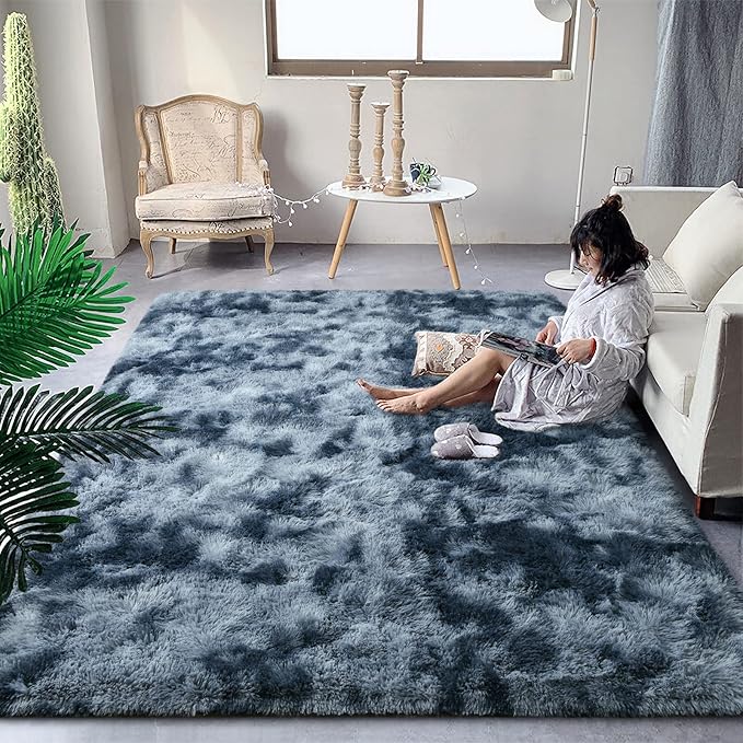 DweIke Fluffy Blue Grey Rugs for Bedroom Living Room, 6x9 Large Soft Plush Shaggy Tie-Dyed Navy Blue Gray Girls Boys Kids Rug, Upgraded Non-Slip and Machine Washable Carpet for Dorm Nursery Decor