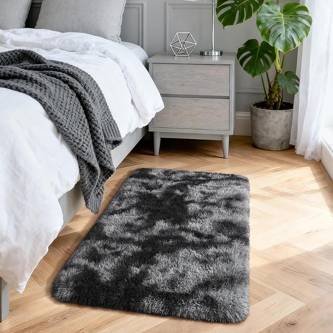 Merelax 2x3 Small Rug for Bedroom Livingroom Mini Space Home Decor, Modern Indoor Shaggy Plush Fluffy Furry Fur Rugs Comfy Nursery Kids Room Floor Carpet, Tie-Dyed Black & Grey