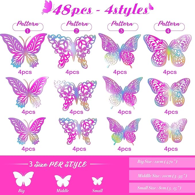 3D Butterfly Wall Decor 3 Sizes 4 Styles Butterfly Party Decorations Cake Decorations Removable Stickers Wall Decor Room Mural Metallic Kids (Laser Pink Purple, 48Pcs)