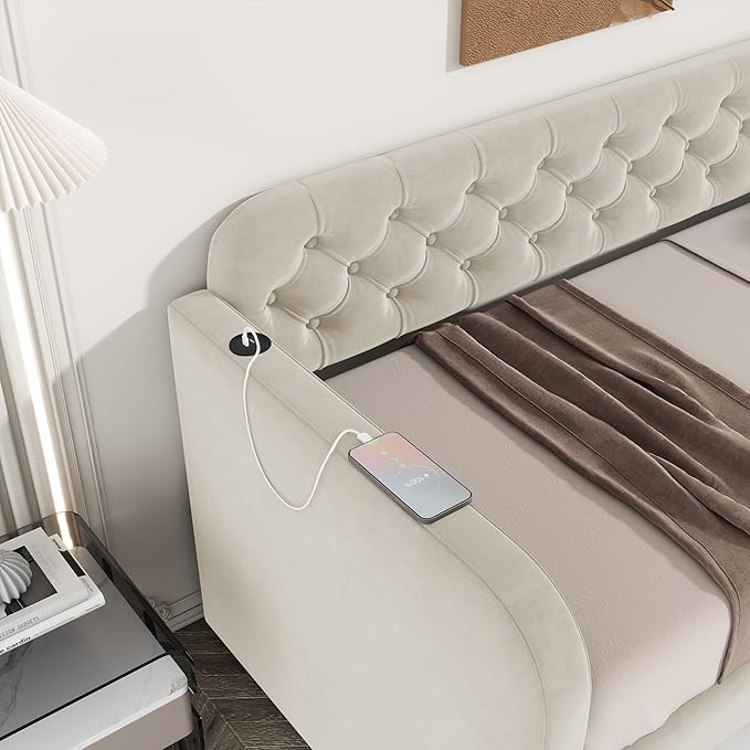 Bellemave Twin Upholstered daybed with Trundle and USB Charging, Velvet Tufted Sofa Bed Twin Size, daybed with Trundle for Adults, Kids, Girls, Teens, for Living Room, Light Beige