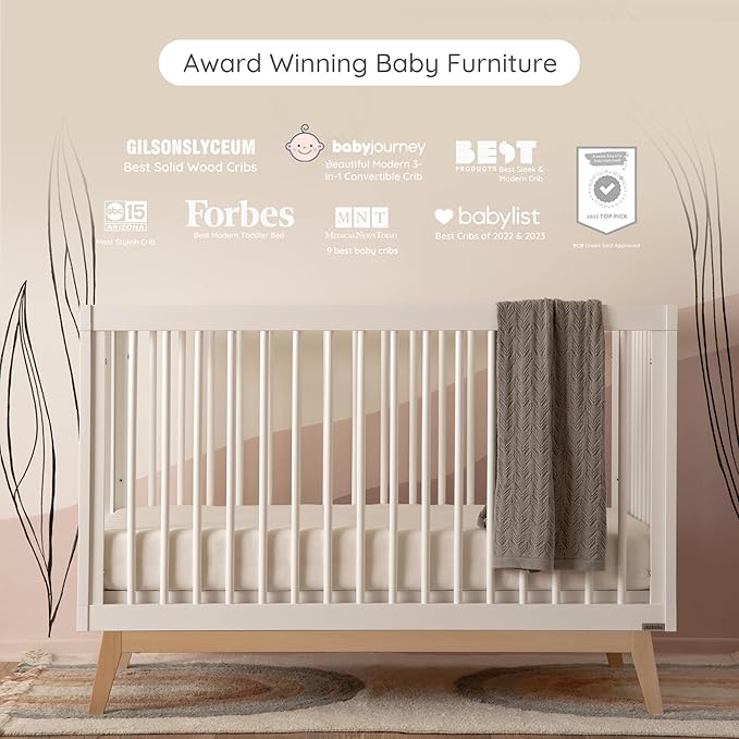 dadada Baby Soho 3 in 1 Convertible Wooden Crib to Toddler Bed - Made in Italy, GREENGUARD Gold Certified, Baby-Safe Finish, Sustainable Beech Wood, Modern Design, 3 Adjustable Heights (White/Natural)