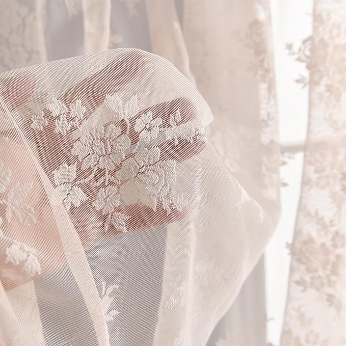Kotile Blush Pink Sheer Curtains 63 Inch Length, 2 Panels, W42 x L63 Inch Each, Country Rustic Floral Coquette Lace Curtains for Bedroom, Rod Pocket Light Filtering Privacy Window Sheer Lacy Curtain