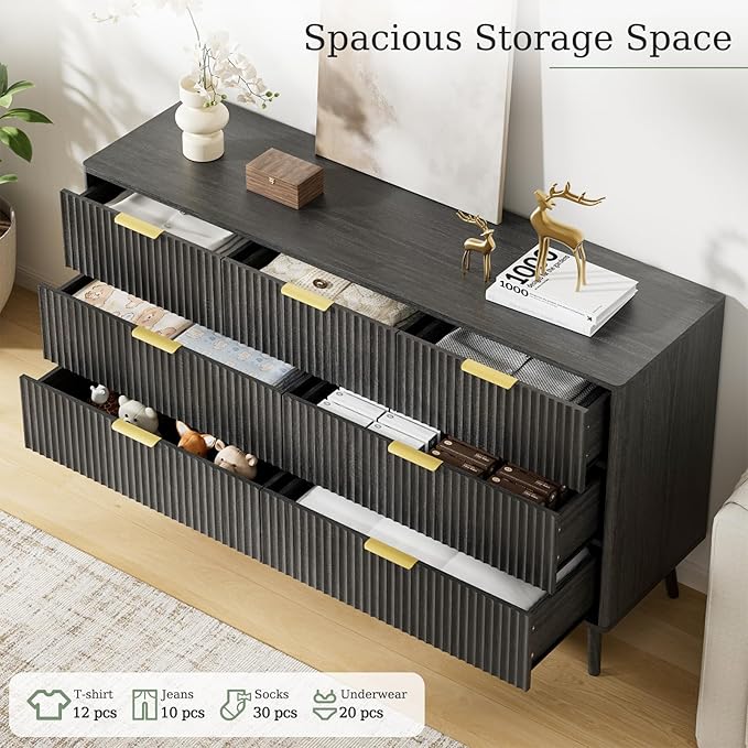 LYNSOM 55" Wide Fluted Dresser for Bedroom with 6 Drawer, Modern Chest of Drawers with Curved Profile Design and Metal Handles, Wood Dresser TV Stand & Storage Organizer for Living Room, Black