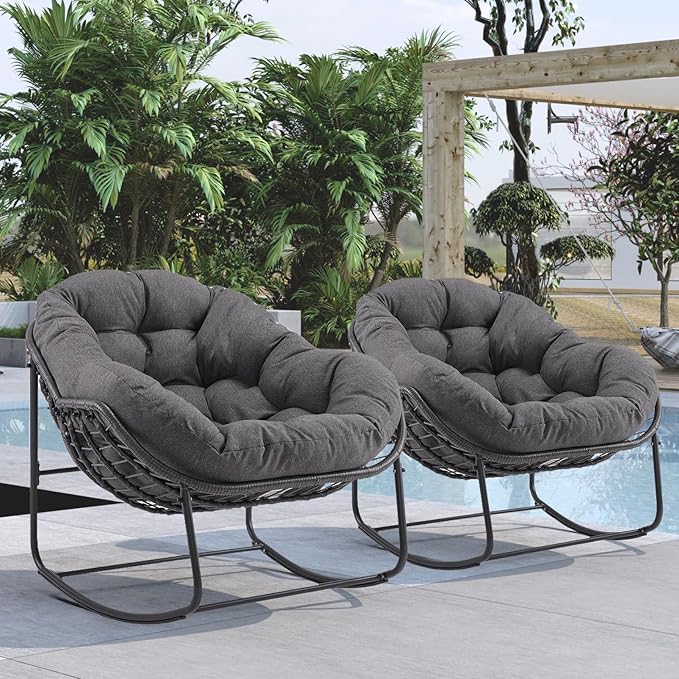 Oversized Outdoor Papasan Rocking Chair Set of 2 with Soft Cushion, Comfy Patio Egg Chair, Wicker Lounge Rocker for Balcony/Porch/Garden, Reinforced All Weather Rattan Frame, Dark Grey