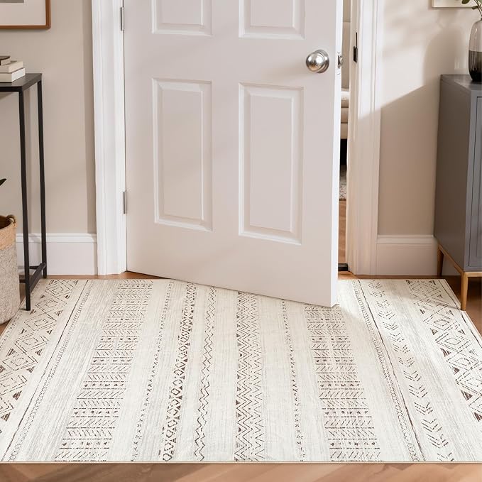 Area Rugs for Living Room Washable Living Room Rug Soft Neutral Indoor Floor Carpet Non-Slip Stain Resistant Modern Boho Rugs for Bedroom Dining Room Kids Room Nursery Office Home Brown Cream