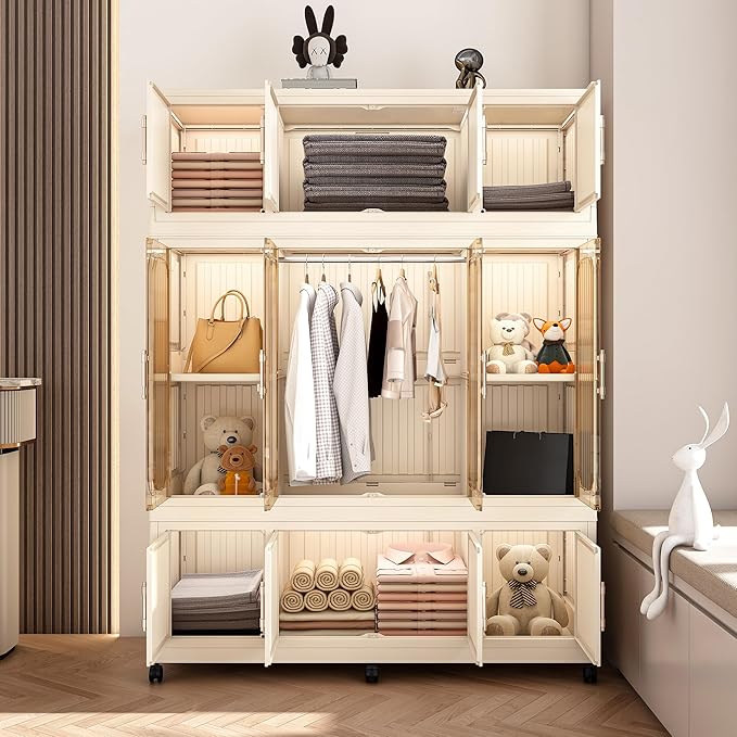Kids Portable Wardrobe Closet Organizer with Magnetic Doors, 12 Cubes & 1 Hanging Rod, 6 PCS Hangers, Children's Plastic Wardrobe Closet for Bedroom Storage, Large Baby Wardrobe Storage Cabinet