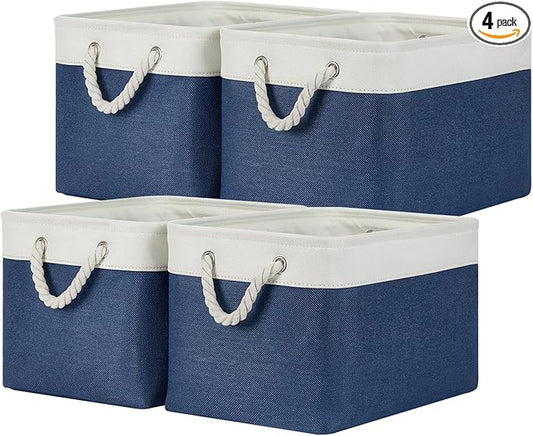 Temary Fabric Storage Baskets 4Pack Storage Bins Decorative Basket for Gift, Clothes Bin with Rope Handle, Rectangle Baskets for Storage, Blankets(White&Blue,15x11x9.5 inch)