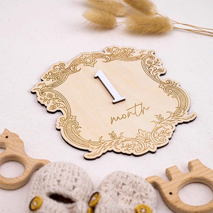 Vintage Wooden Baby Monthly Milestone Set, Elegant Engraved Frame with 3D Numbers and Month Months Signs, Newborn Photo Prop for Baby Monthly Pictures