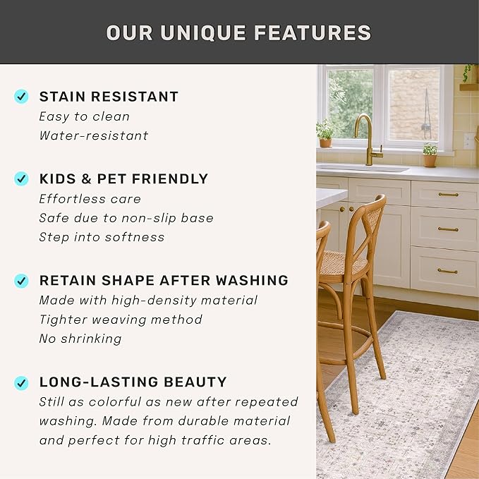 Geometric 3x20 Wide Hallway Runner - Light Gray with Taupe Accent, Boho Floral Pastel Decor, Washable Low Pile Non Slip Stain Resistant Rug for Long Kitchen, Hall Way