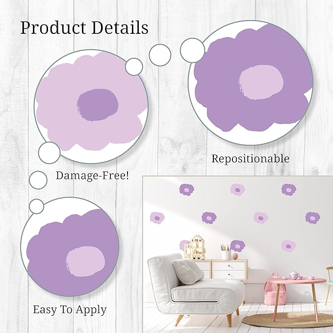 Decalcomania Purple Flower Wall Decals by Robin Zingone - Set of 36 Danish Pastel Floral Wall Stickers for Living Room Nursery Bedroom Bathroom Decor Removable Peel and Stick Indoor Wall Decor