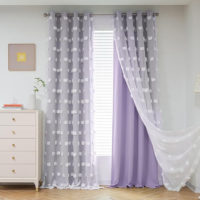 MYSKY HOME Light Blocking Lilac Curtains for Living Room White Sheer Pom Pom Kids Room Decor Drapes 108 Inches Long Double Layer Curtain for Sliding Door Grommet Window Panels Set of 2 52" x 108"
