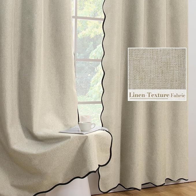 ColorBird Linen Blackout Curtains Scalloped Neutral 100% Black Out Winter Thermal Insulated Curtains & Drapes 63 Inch Long for Living Room Bedroom Dining Room Closet Window Treatment