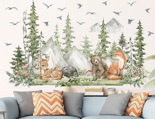 Large Jungle Animals Wall Decals Forest Tree Wall Decal Peel and Stick Woodland Bear Fox Deer Wall Stickers Giant Mountain Art for Bedroom Nursery Room MS230