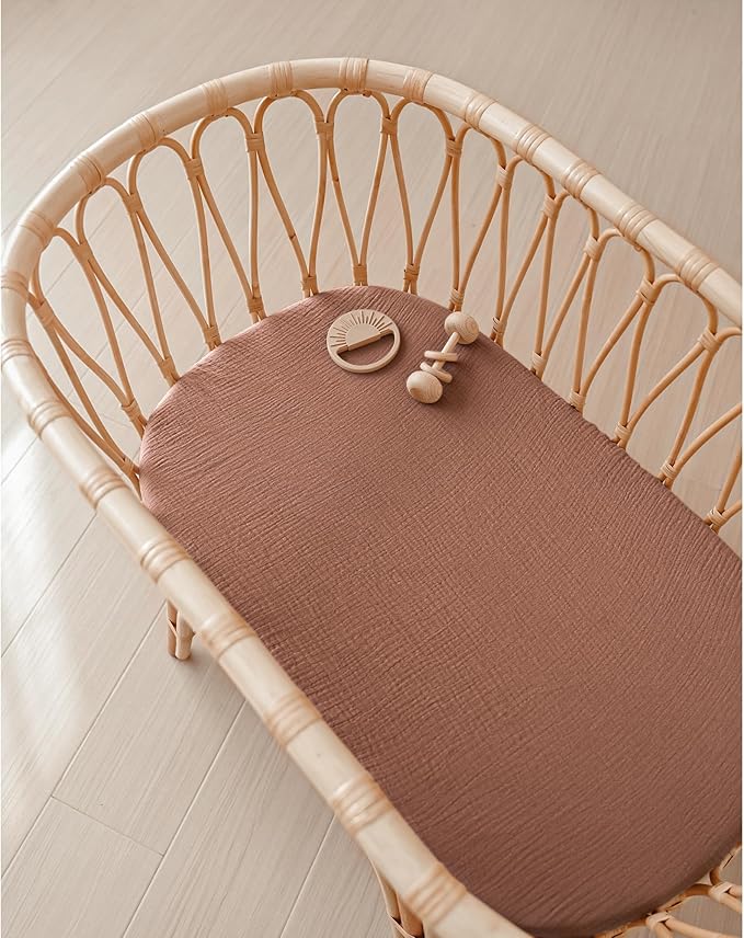 Konssy Muslin Bassinet Sheets for Baby Girl Boy, 2 Pack Soft Breathable Baby Bassinet Mattress Sheets Fit for Hourglass Oval Cradle, Moses Basket Rectangle Mattress (Chestnut, Posy)