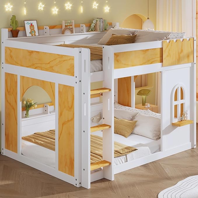 Full Over Full Bunk Bed with Storage Shelves and Window, Wood Bunk Bed Frame with 2 Doors for Kids Teens Adult Bedroom, No Spring Box Needed
