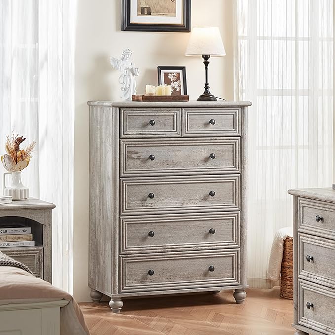 Farmhouse 6 Drawer Dresser Set of 2, Grey Chest of Drawers, 43.5" Tall Dressers for Bedroom with Roman Column and Metal Handles, Rustic Wood Storage Organizer for Living Room, Hallway, Closet