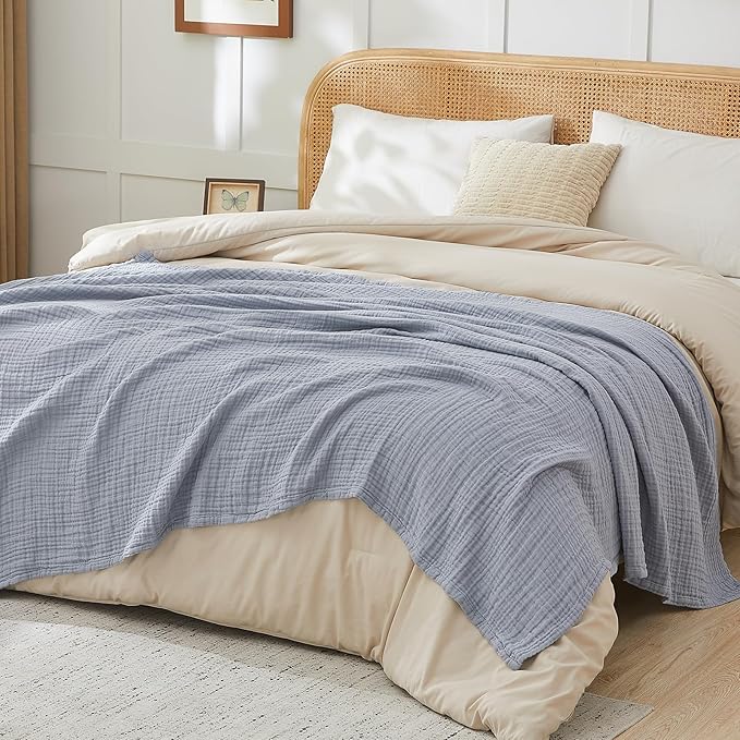 EMME Cotton Muslin King Blanket Big Oversized Bed Layering Bedspread Coverlet Breathable Gauze Soft Lightweight Blankets (Dusty Blue, 120"x94")