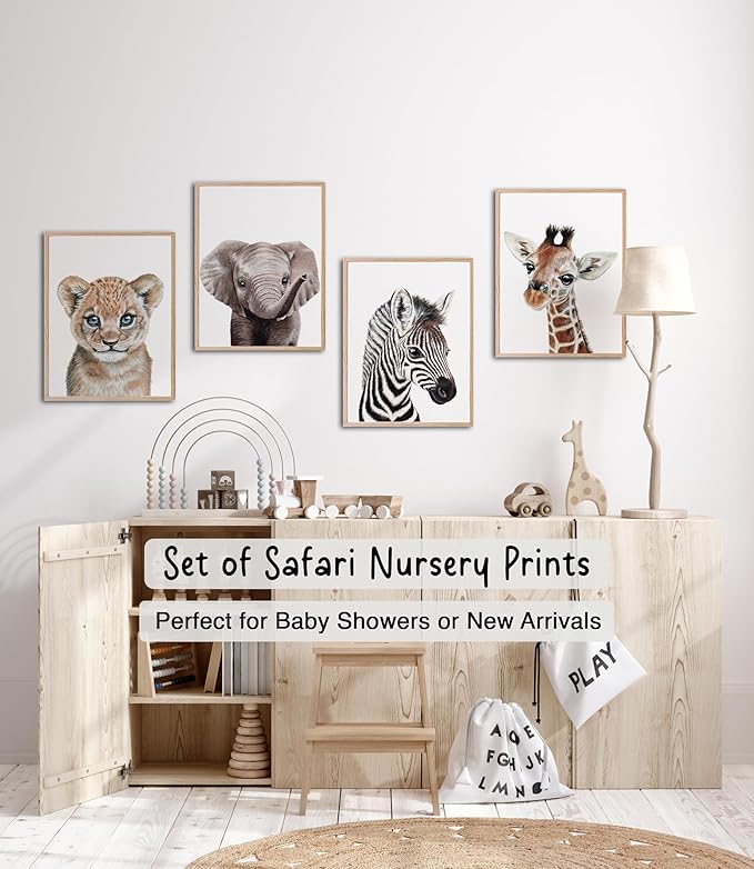 KIU DESIGNS Nursery Wall Art - Unframed Safari Nursery Decor - Set of 4 Animal Wall Decor Gift for Baby - Safari Portrait - 8"x10"