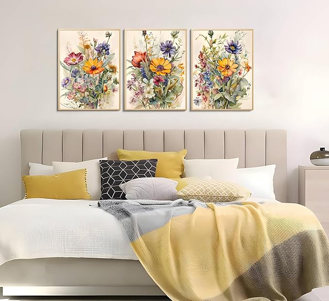 3Pcs Watercolor Wildflower Wall Art Colorful wildflowers Paintings Pictures Watercolor Floral Botanical Canvas Prints Wall Decor Bright floral posters for Living Room Bedroom Home Decoration Unframed