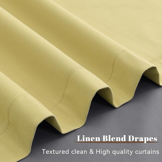 Guken Yellow Linen 100% Blackout Curtains 90 Inches Long for Living Room 2 Panels Set Textured Rustic Black Out Thermal Insulated Privacy Curtains for Room Divider Back Tab Hook Belt Backdrop 52x90