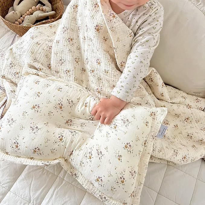 BuLuTu Muslin Toddler Blanket for Crib Toddler Bed Blanket Soft Breathable Swaddle Blankets for Girls Boys, Baby Quilt Summer Blankets with Reversible Crape Floral Pattern, 47"x51"