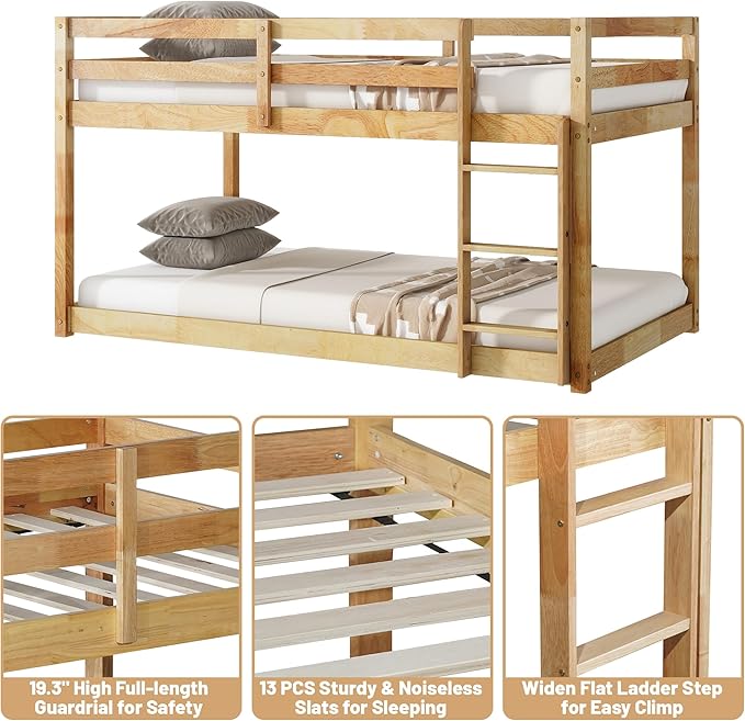 Bunk Bed Twin Over Twin, Wood Low Profile Floor Twin Bunk Beds with Ladder Guardrails for Kids Boys and Girls, No Box Spring Needed