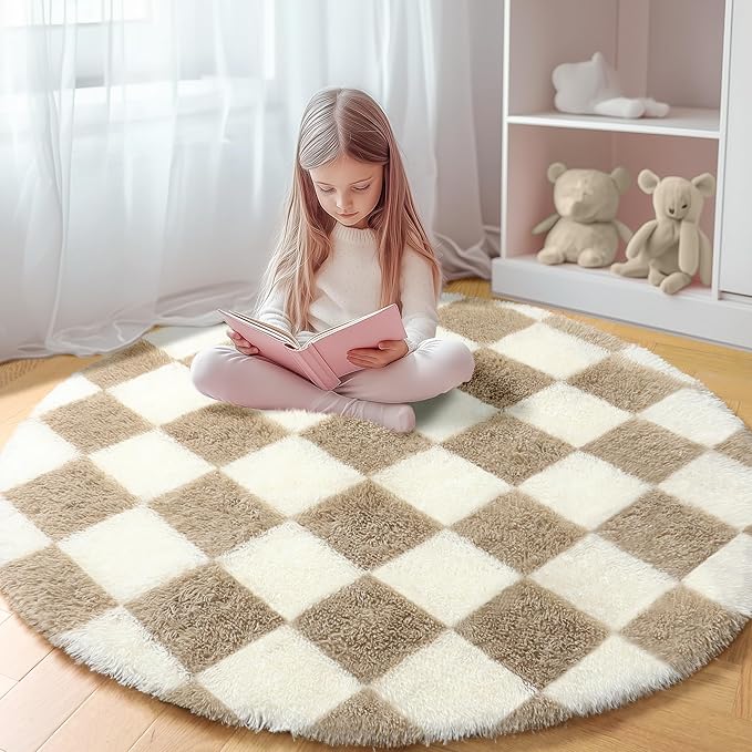 KICMOR Round Rugs 6ft Beige and Cream White Circle Area Rug, Fluffy Soft Fuzzy Shag Shaggy Bedroom Living Room Carpet, Indoor Checkered Circular Rug for Kids Boys Girls Home Decor Aesthetic, Nursery