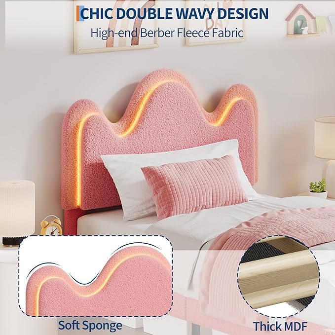 IDEALHOUSE Twin Bed Frame with LED Headboard and Under-Bed Drawer, Metal Upholstered Platform Bed with LED Light for Kids, Girls, Lamb Fleece Fabric, Wooden Slats Support, No Box Spring Needed, Pink
