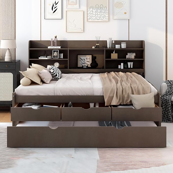 Harper & Bright Designs Full Size Captain Bed with Built-in Bookshelves/3 Storage Drawers/Trundle, Wooden Full Daybed Bed Frame for Kids Teens Dorm Bedroom Multipurpose Guest Room, Antique Gray