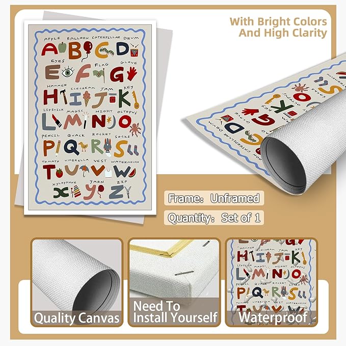 Cute First Illustration Alphabet Learning Canvas Print Posters Eclectic Nursery Wall Art Funny Boho Kids Educational Abc Chart Colorful Decor Picture for Toddlers Classroom Playroom 12x16inch Unframed