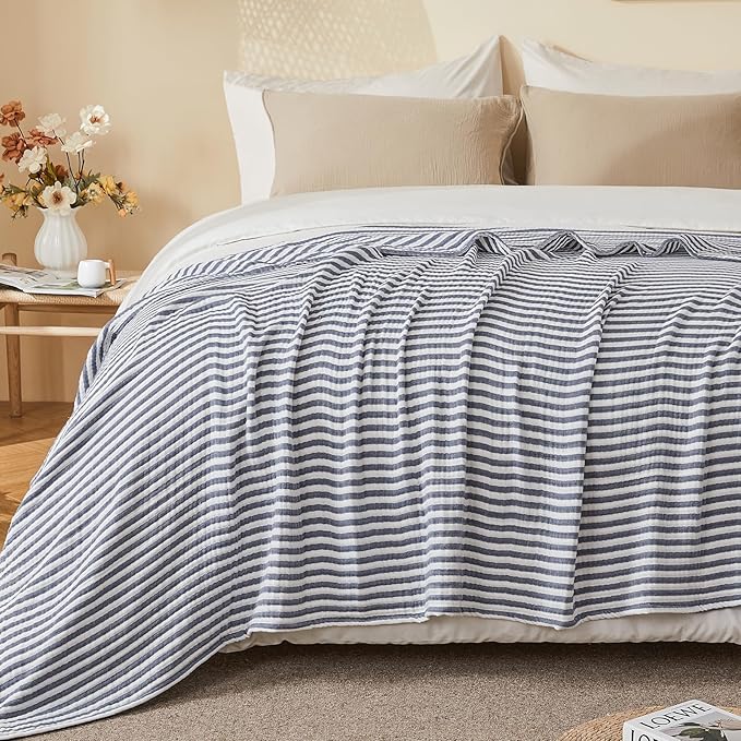 EMME Cotton Muslin Twin Blanket Breathable Gauze Soft Lightweight Adults Gifts for Women (Striped Navy, 60"x80")