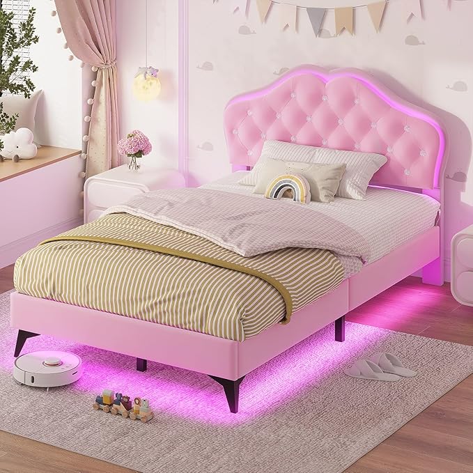 ADORNEVE Twin Size Upholstered LED Bed Frame, Girls Bed with Adjustable Crystal Button Headboard, Velvet Princess Platform Bed for Girls, Solid Wooden Slats, Easy Assembly, Pink