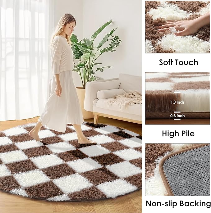 KICMOR Round Rugs 5ft Brown and Cream White Circle Area Rug, Fluffy Soft Fuzzy Shag Shaggy Bedroom Living Room Carpet, Indoor Checkered Circular Rug for Kids Boys Girls Home Decor Aesthetic, Nursery