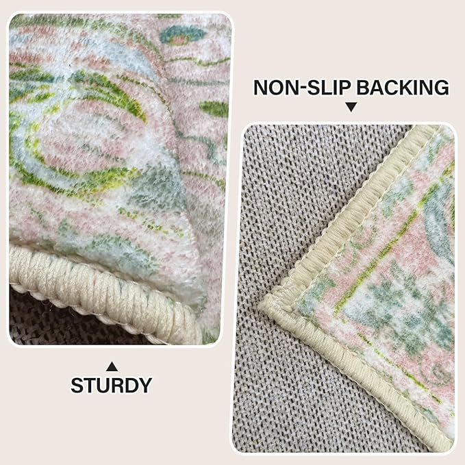 Vhong Boho Area Rugs Vintage Washable Neutral Modern Small Carpet Dusty Pink and Green 2x6 Non Slip Runners for Kitchen Laundry Bedroom Living Room Girls' Room