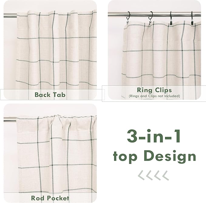 DriftAway 2 Panels 100% Blackout Windowpane Plaid Linen Curtains Double Layer Drapes for Bedroom 90 Inches Long Farmhouse Thermal Insulated 3.25 Inch Rod Pocket Back Tab for Living Room Loden Green