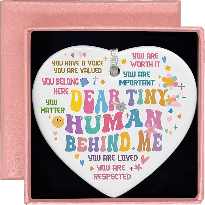 Heart Shaped Christmas Ornament-Dear Tiny Human Behind Me Funny Quote Decor-Gift for Kids Baby Positive Motivational Encouragement Present Ceramic Keepsake Ornament